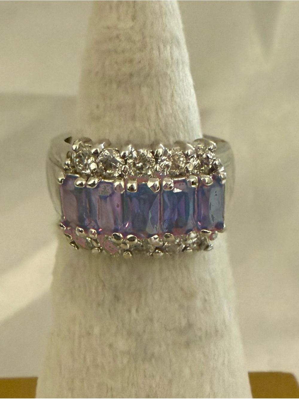 Thailand Silver Tone Purple Baguette Clear Rhinestone Ring Size 4.75